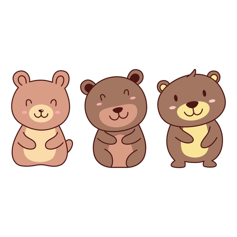 Set of Cute Brown Bear Animal Cartoon Character with Happy Expression vector