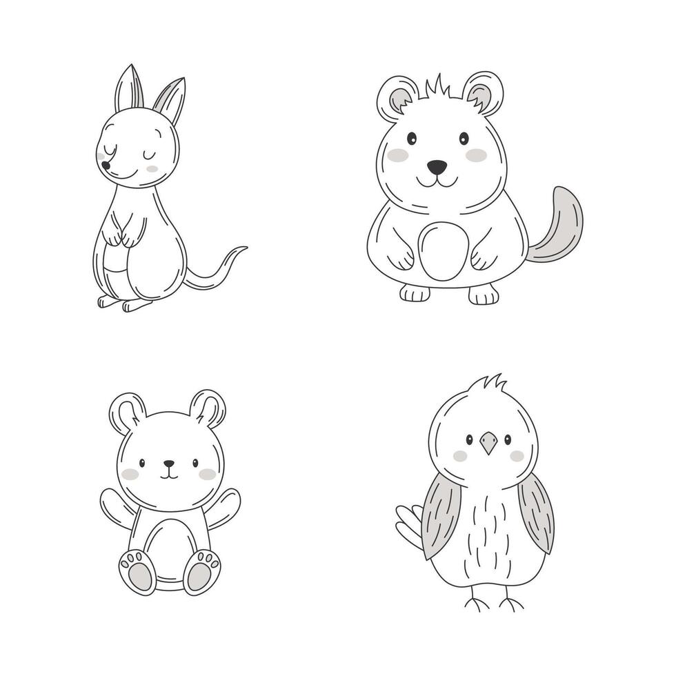 Vignetting Set of Cute Kangaroo Mouse Bear Owl Bird Doodle Cartoon Character vector