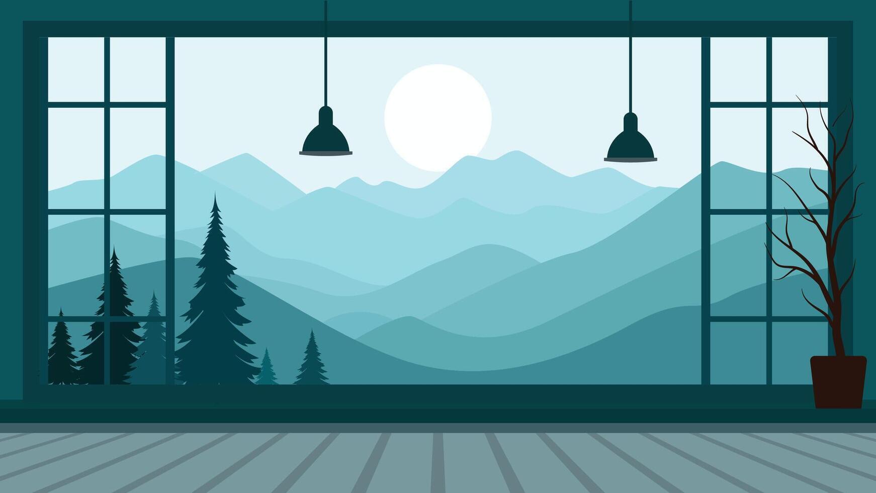 Mountains Nature Landscape From the Window with Pine Trees and Sun in Bright Sky vector