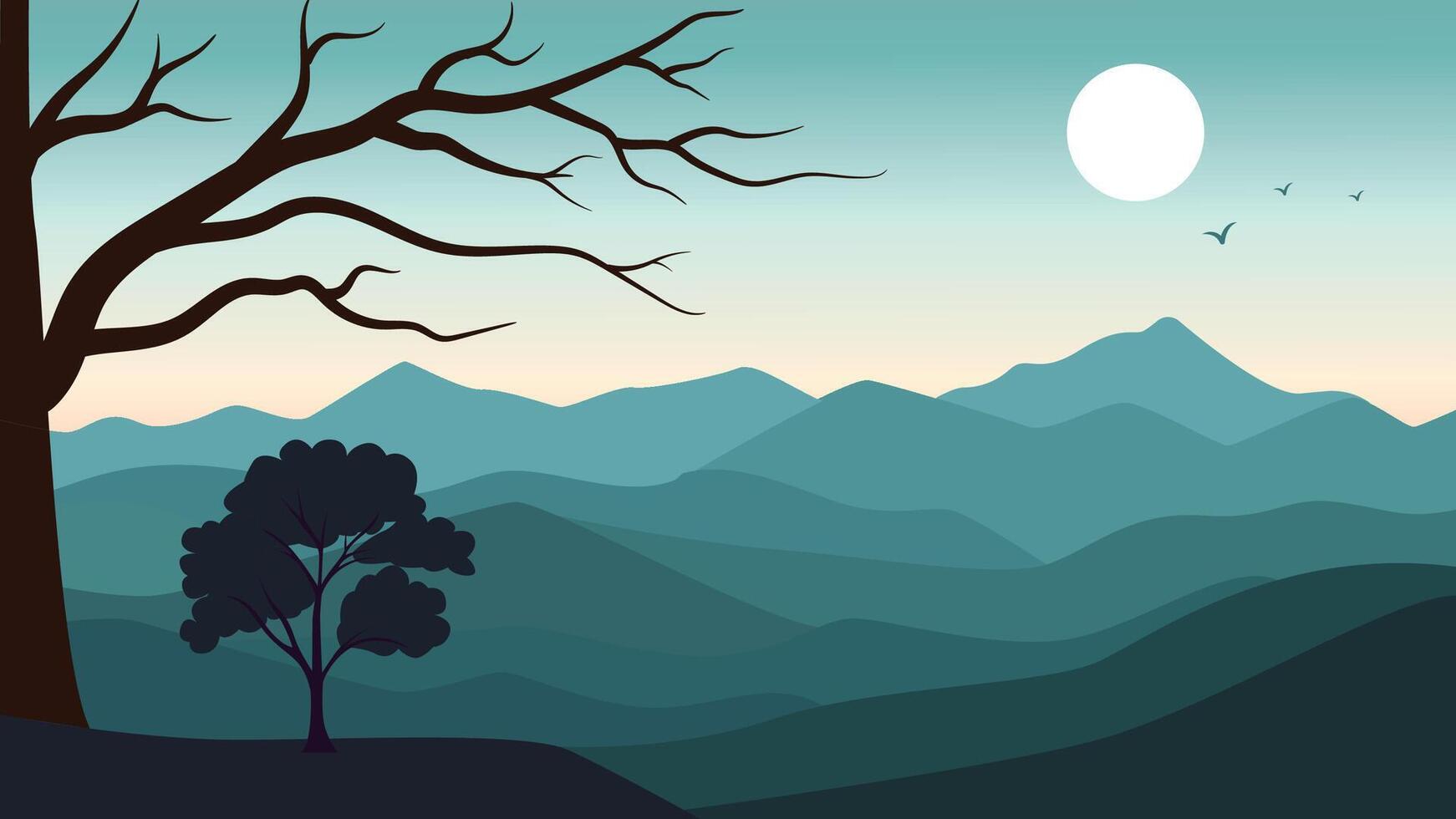 Beautiful Mountains Hill Nature Landscape with Barren Tree and Sun in the Morning vector
