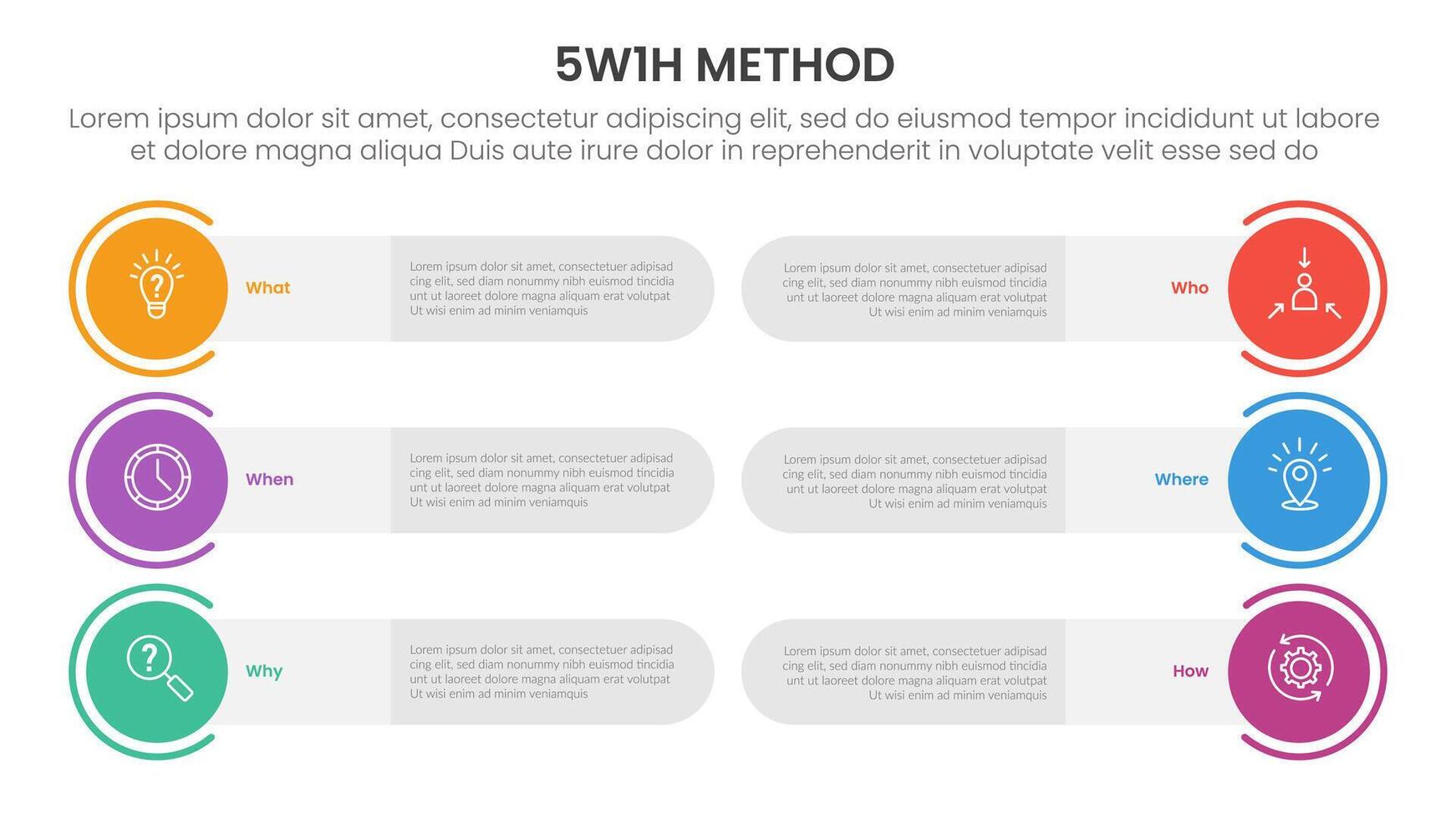 5W1H analysis infographic with round rectangle and circle badge with 6 step points for slide presentation vector