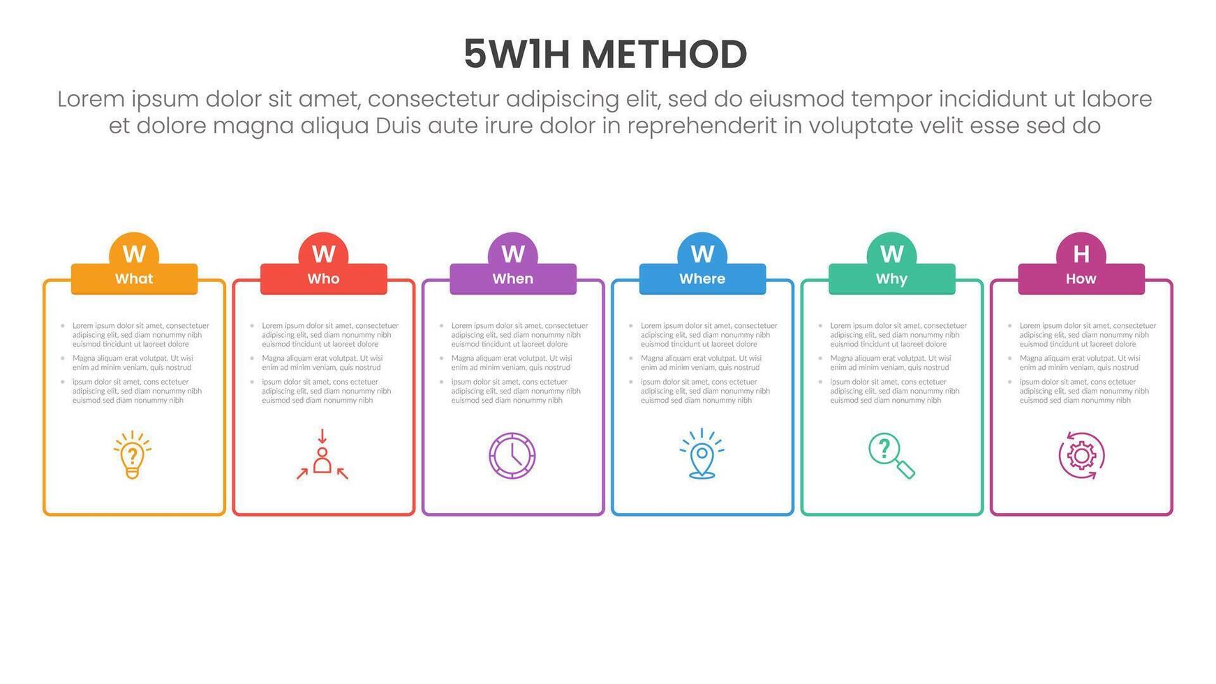 5W1H analysis infographic with outline table and half circle header with 6 step points for slide presentation vector