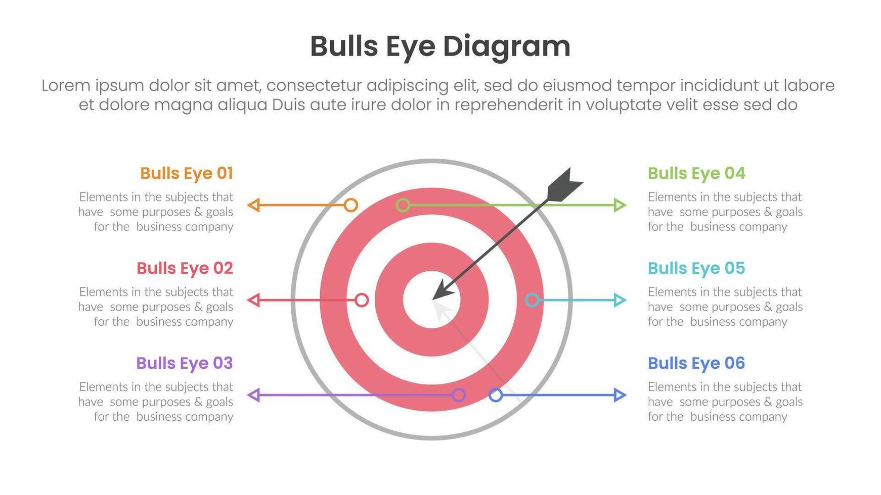 bulls eye diagram infographic template banner with big dart and arrow with arrow line description with 6 point for slide presentation vector