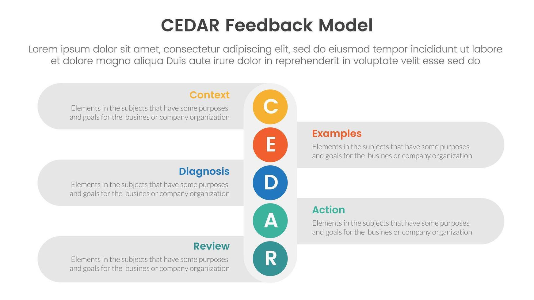 CEDAR feedback model infographic template banner with vertical small circle down direction with circle badge with 5 point list information for slide presentation vector