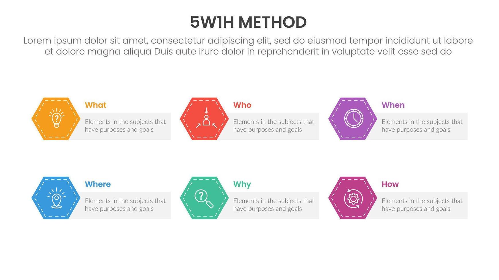 5W1H analysis infographic with rectangle box and hexagon badge with 6 step points for slide presentation vector