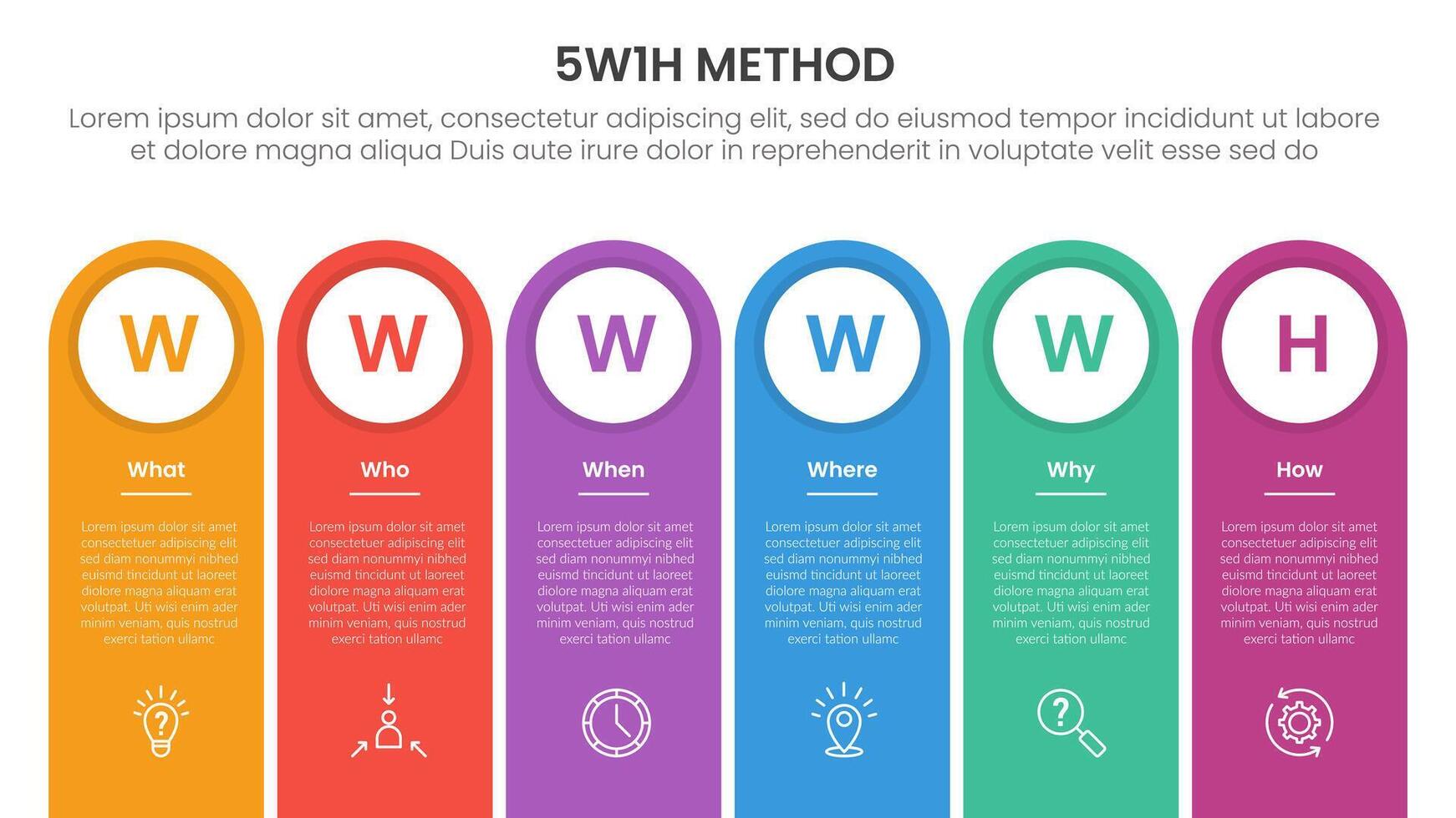 5W1H analysis infographic with round rectangle shape as container with 6 step points for slide presentation vector