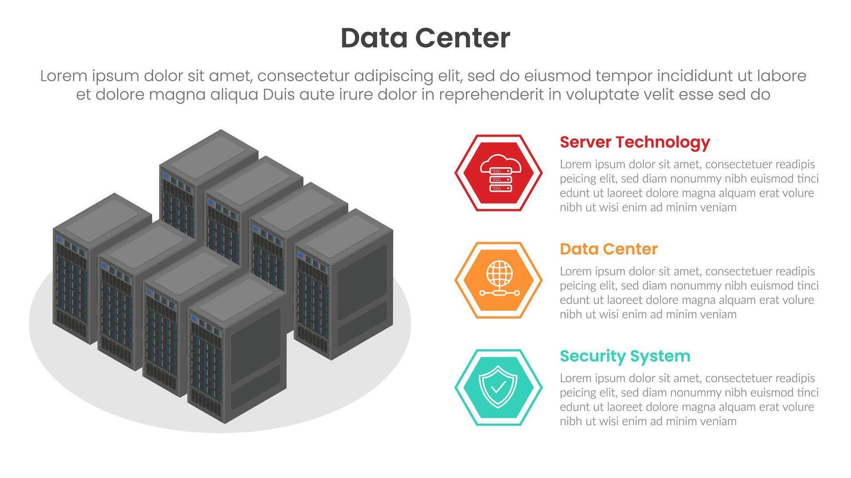 server technology infographic template banner with isometric data center illustration and hexagon point list with 3 point list for slide presentation vector