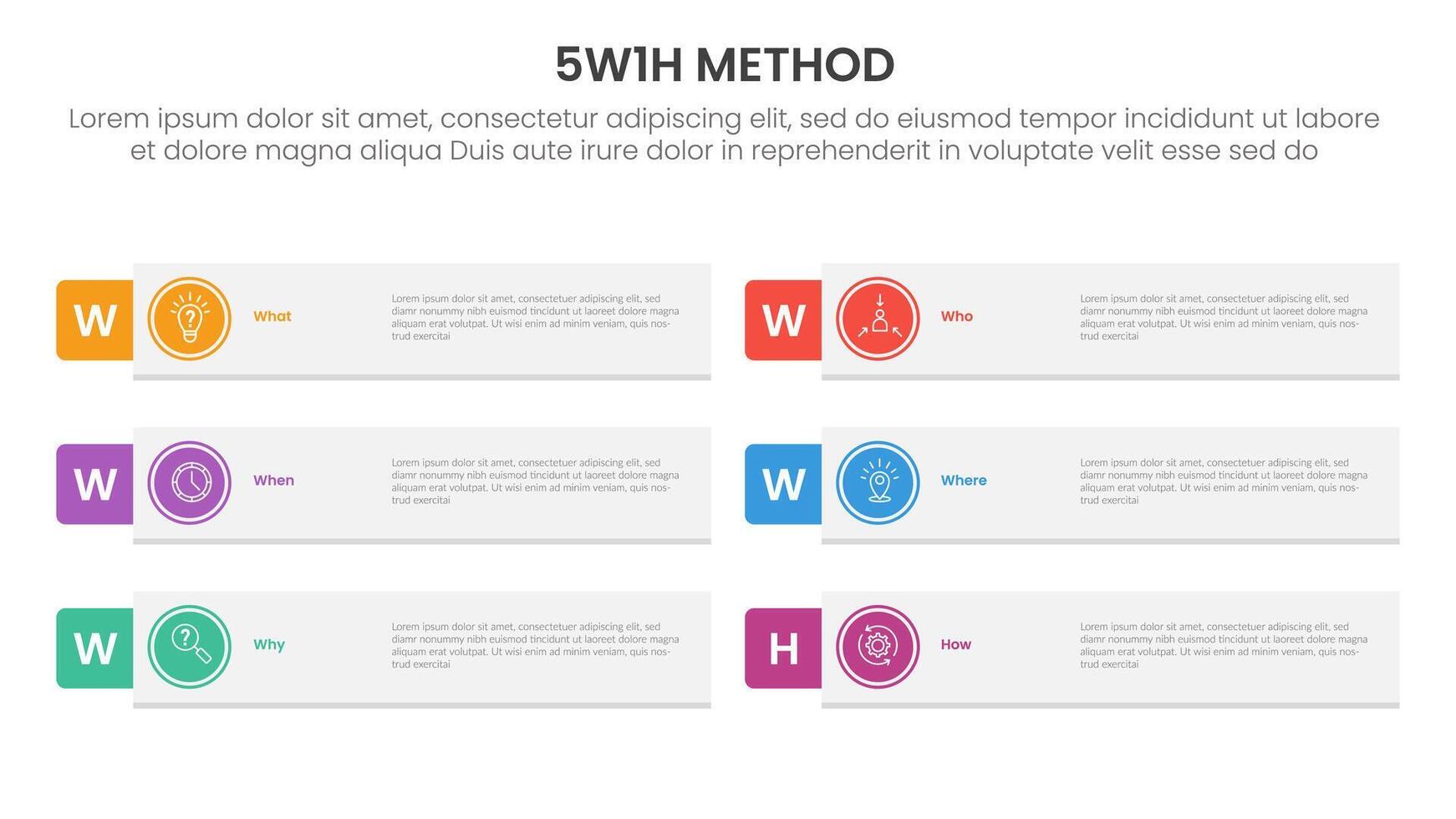 5W1H analysis infographic with long rectangle shape and outline circle with 6 step points for slide presentation vector