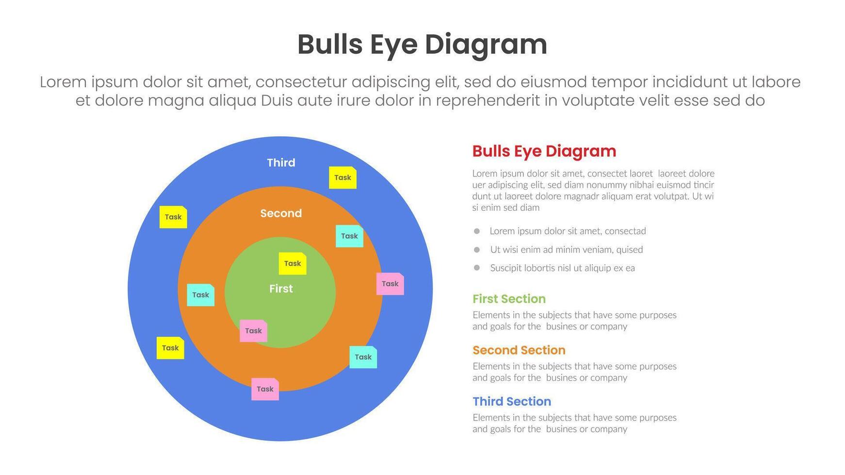 bulls eye diagram infographic template banner with big circle and sticky note todo list for slide presentation vector