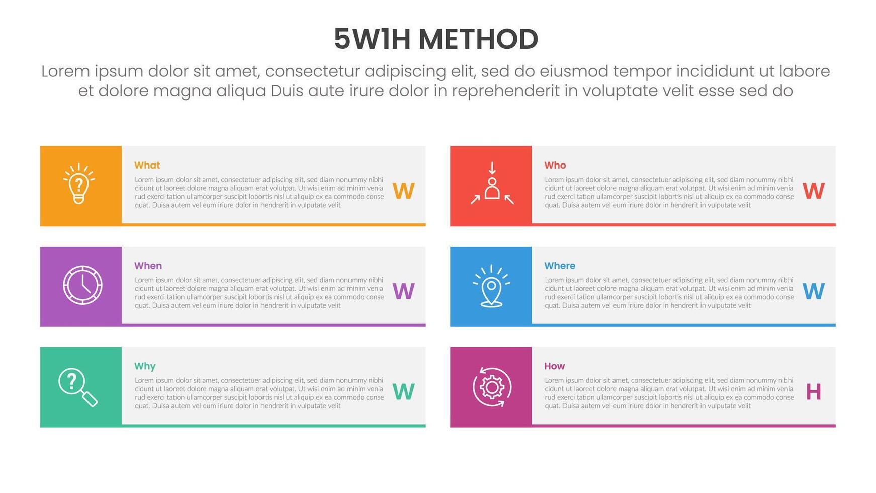 5W1H analysis infographic with big rectangle and square badge with 6 step points for slide presentation vector