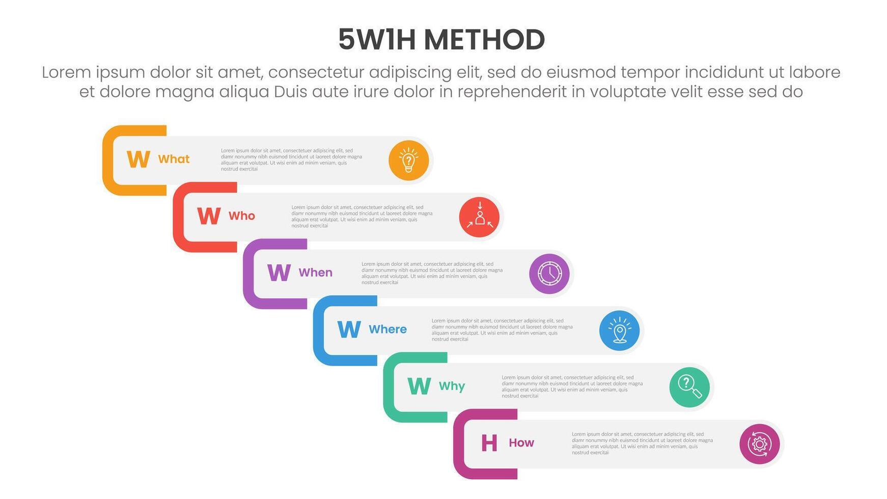 5W1H analysis infographic with round rectangle staircase or waterfall step with 6 step points for slide presentation vector