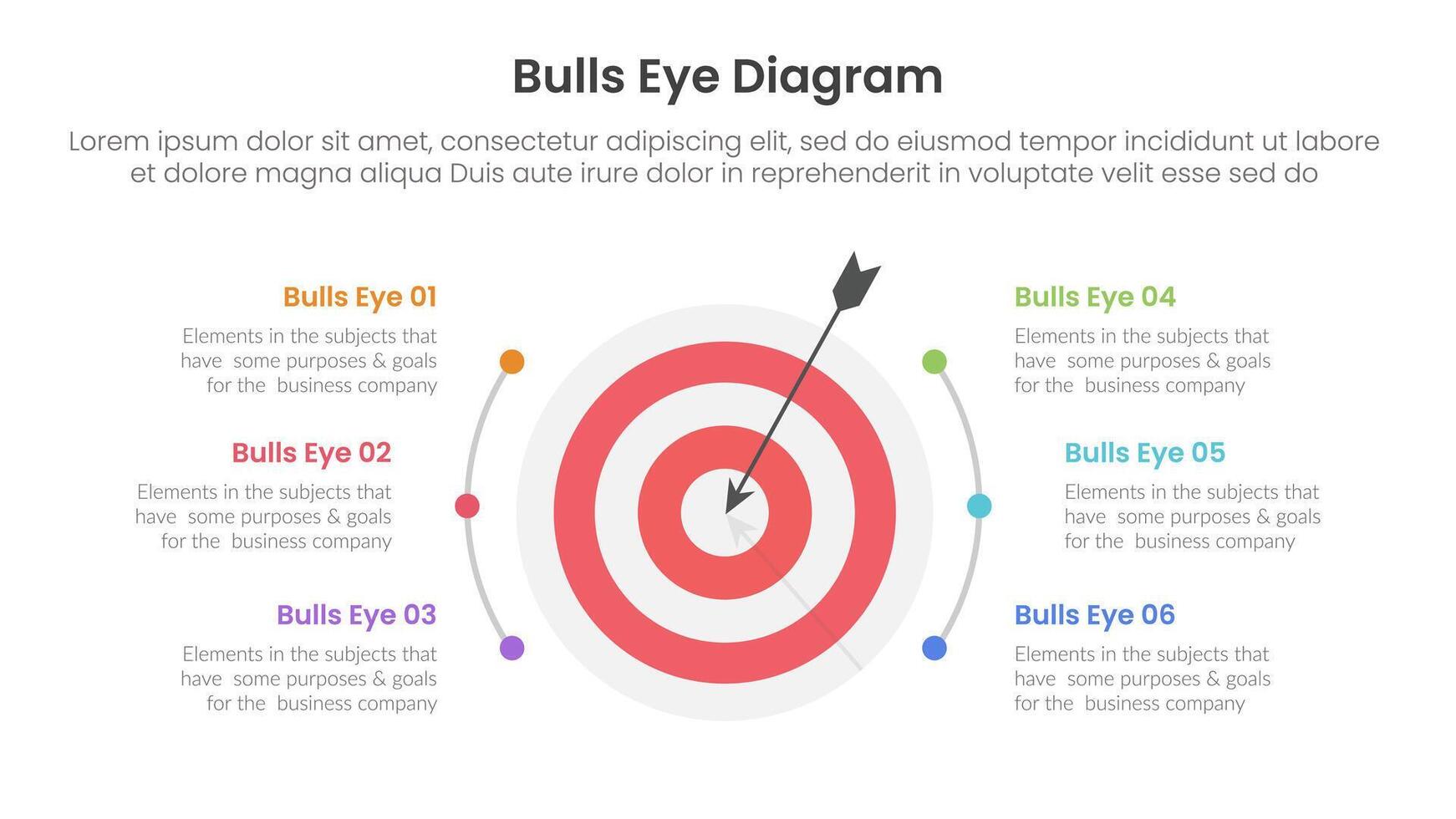 bulls eye diagram infographic template banner with big dart on center with half circle line spread with 6 point for slide presentation vector