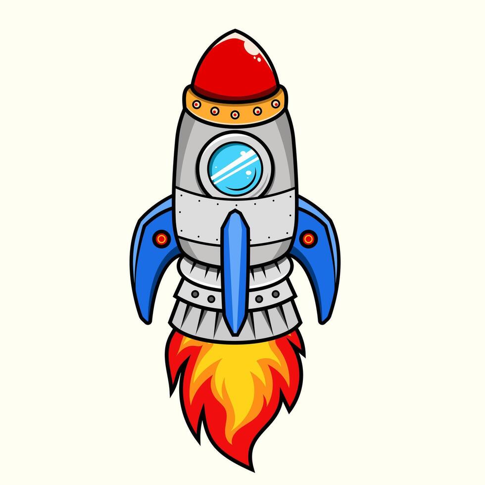 Cartoon rocket ship taking off in the sky with fire and clouds for a successful business or startup launch logo, icon, sticker, symbol, emblem and tshirt design. vector