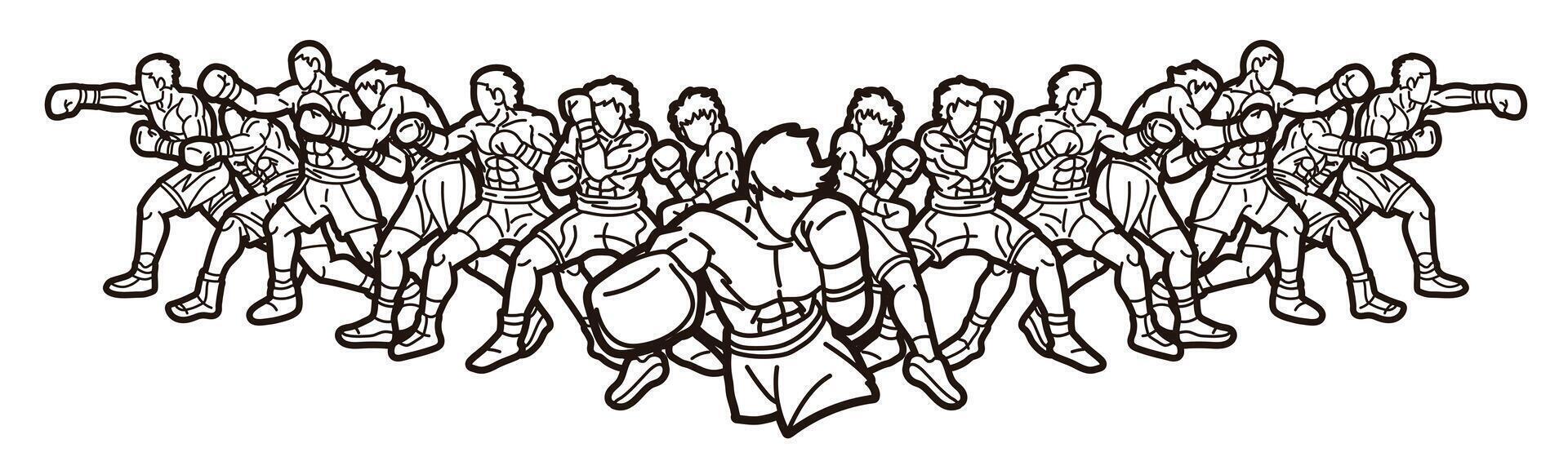 Group of Boxer Boxing Sport Kickboxing Muay Thai Mix Action Outline Cartoon Graphic vector