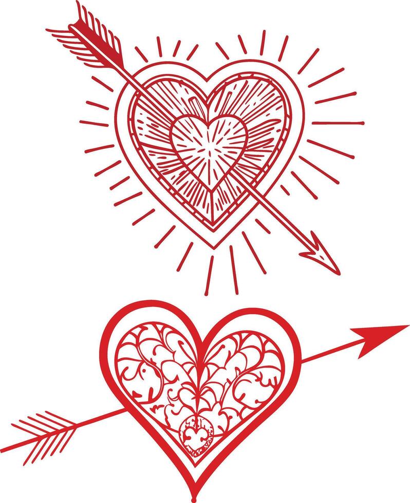 two hearts with arrows and sun rays vector