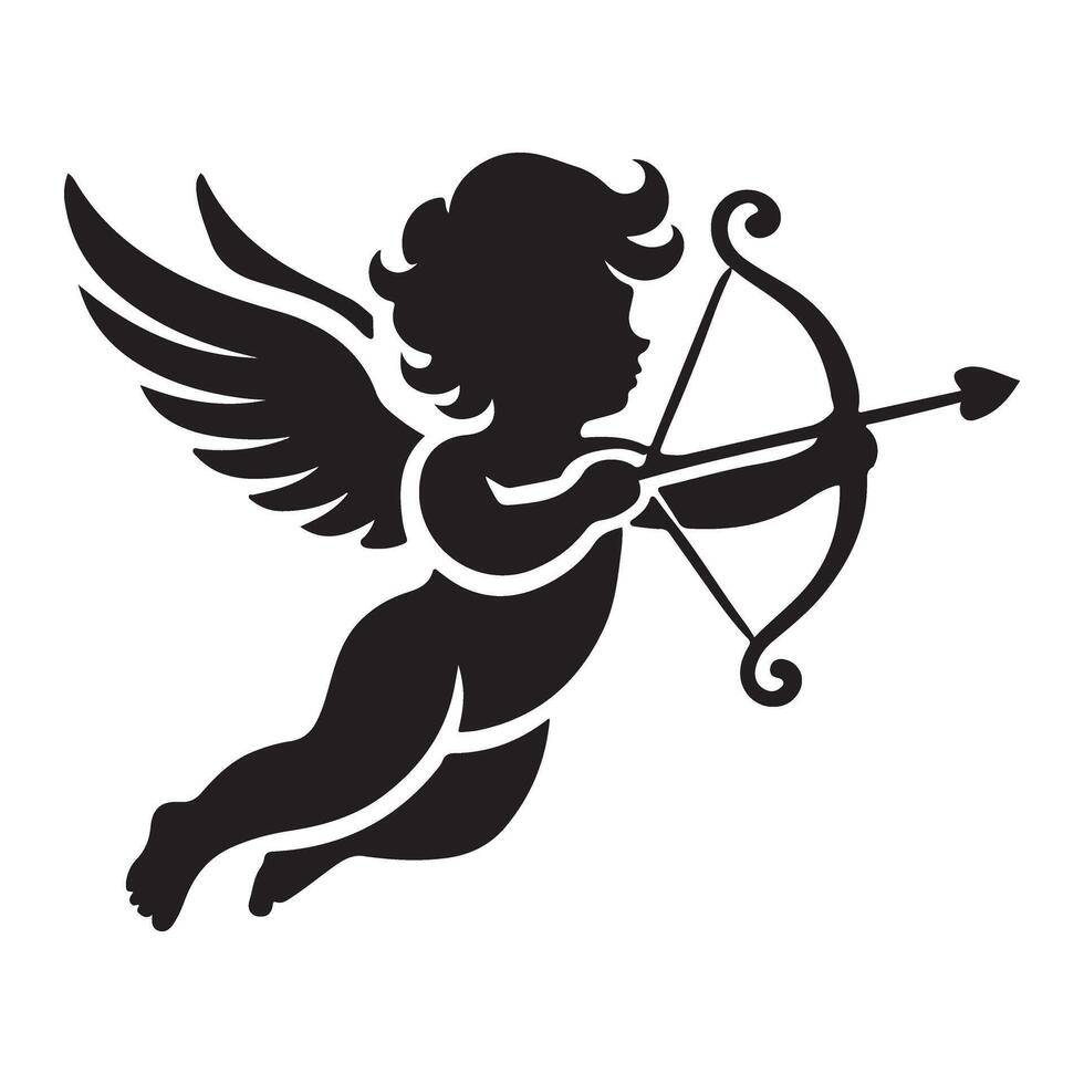 Charming Black Silhouette of Cupid with Bow and Arrow vector