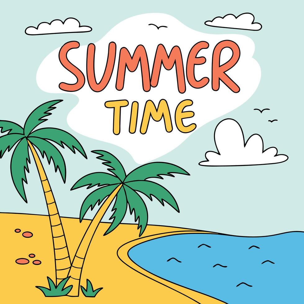 Summer Time Design with Cute Palm Trees and Waves vector