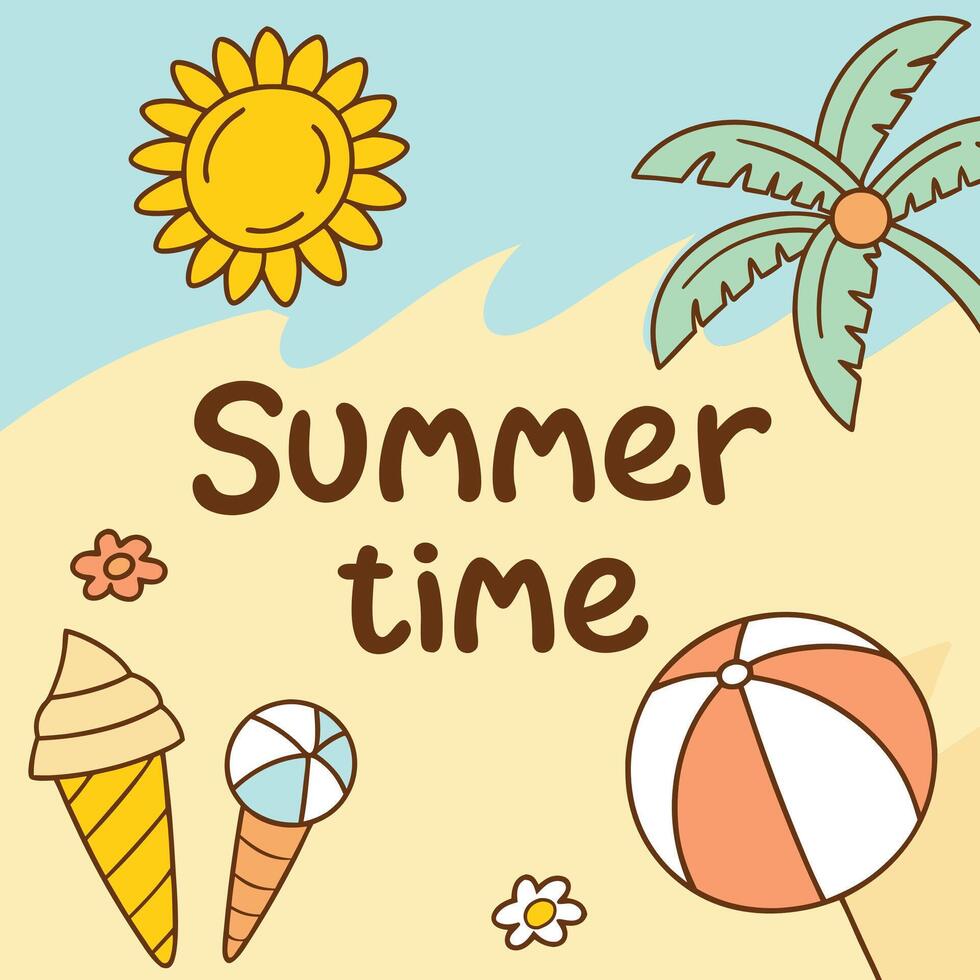 Cute Summer Cartoon Scene with Tropical Elements vector