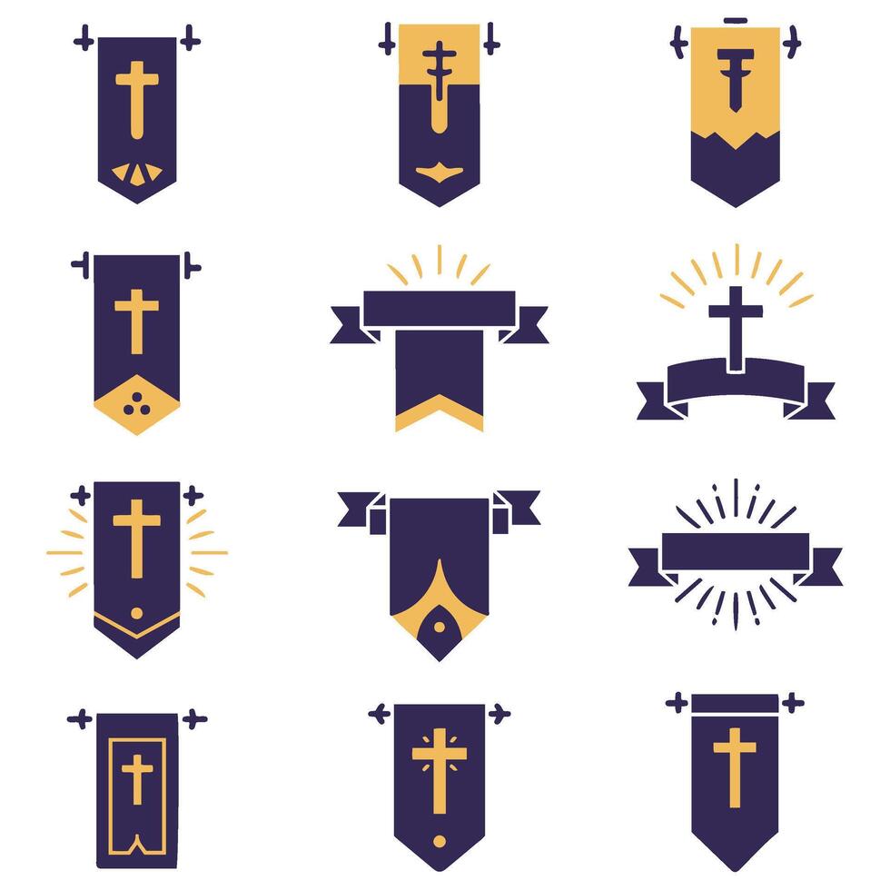 Twelve Creative Glory Banner Icons with Decorative Ribbons vector