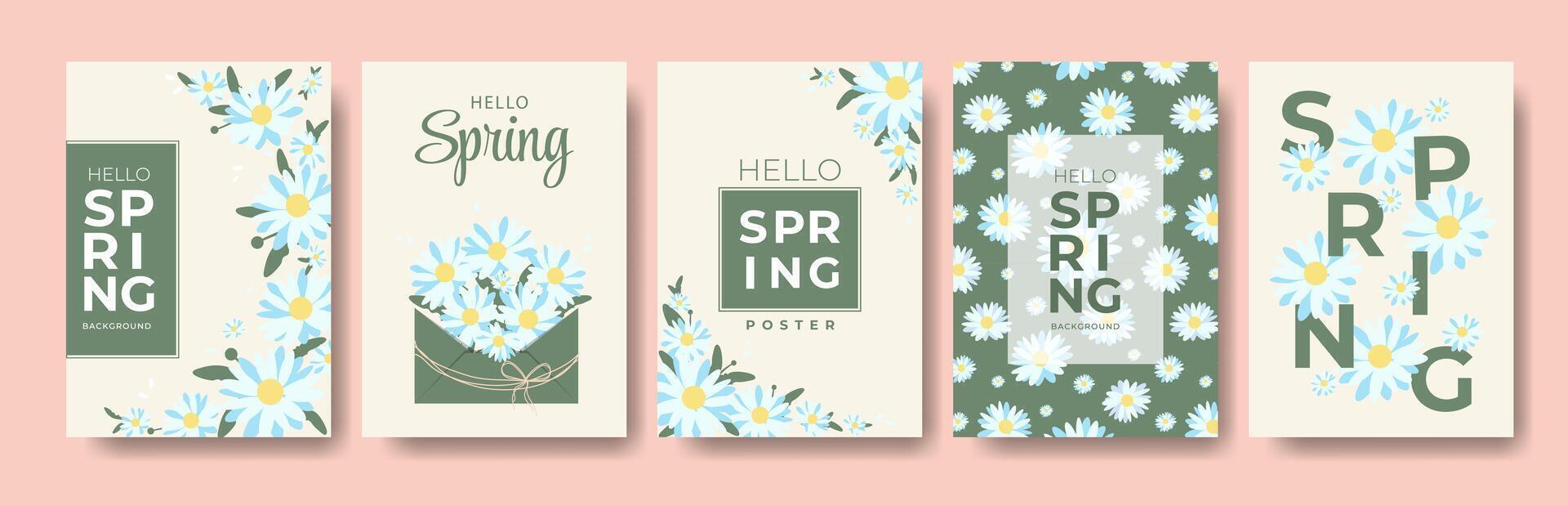 Spring Poster Set with Chamomile in Modern Style. Flat Cards with Simple Flowers and Trendy Typography. Templates Suitable for Invitation, Easter, 8 march, Wedding, Birthday, Mother's and Women's Day. vector
