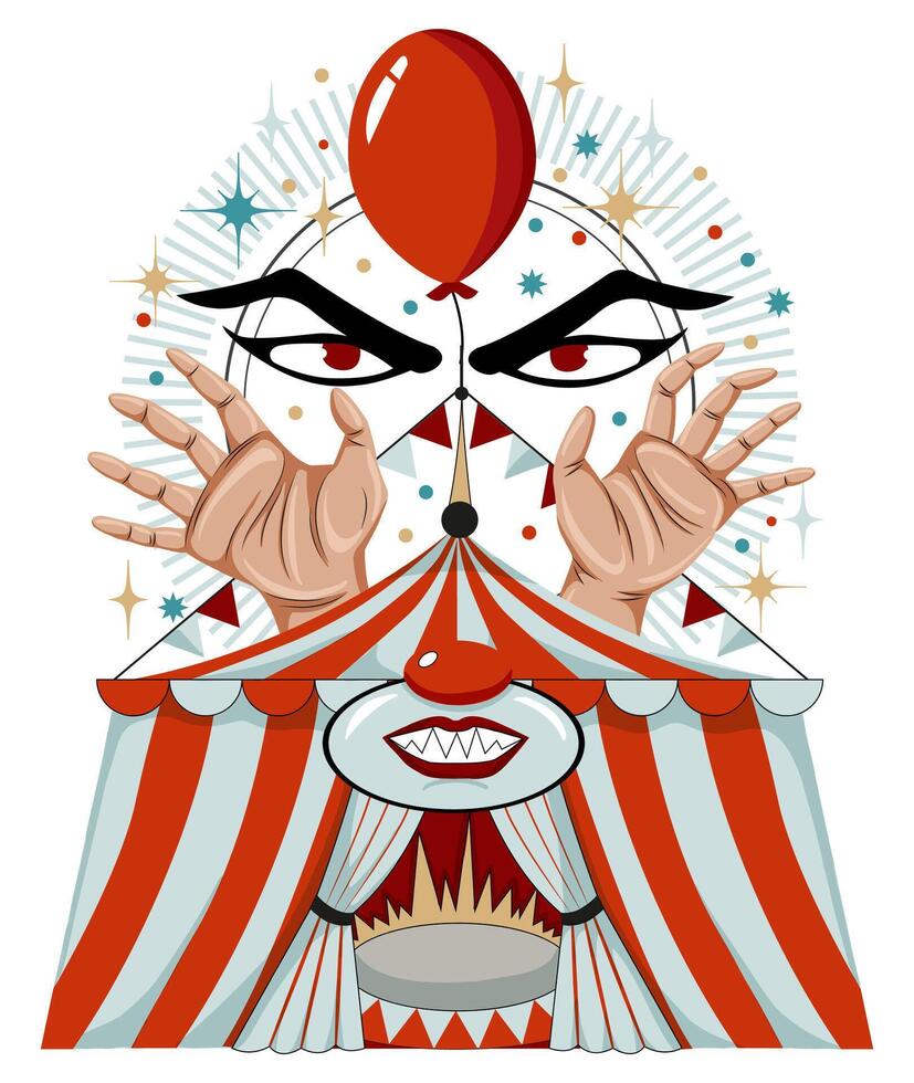 Design cartoon illustration with symbols of circus, carnival, tent, red balloon, magician hands and scary clown for mascot, t-shirt, stickers, clipart isolated on white. vector