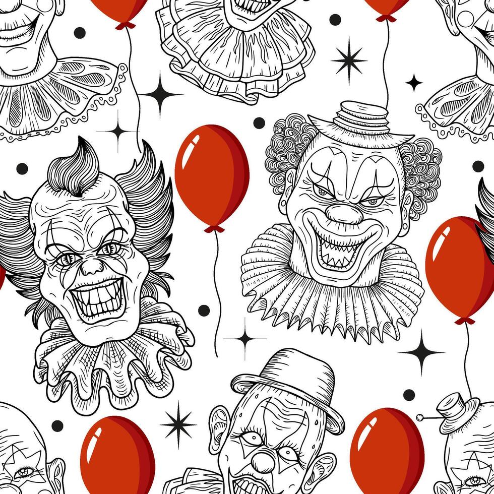 Seamless pattern with scary, crazy clowns faces and red balloon against white background. Cartoon illustration vector
