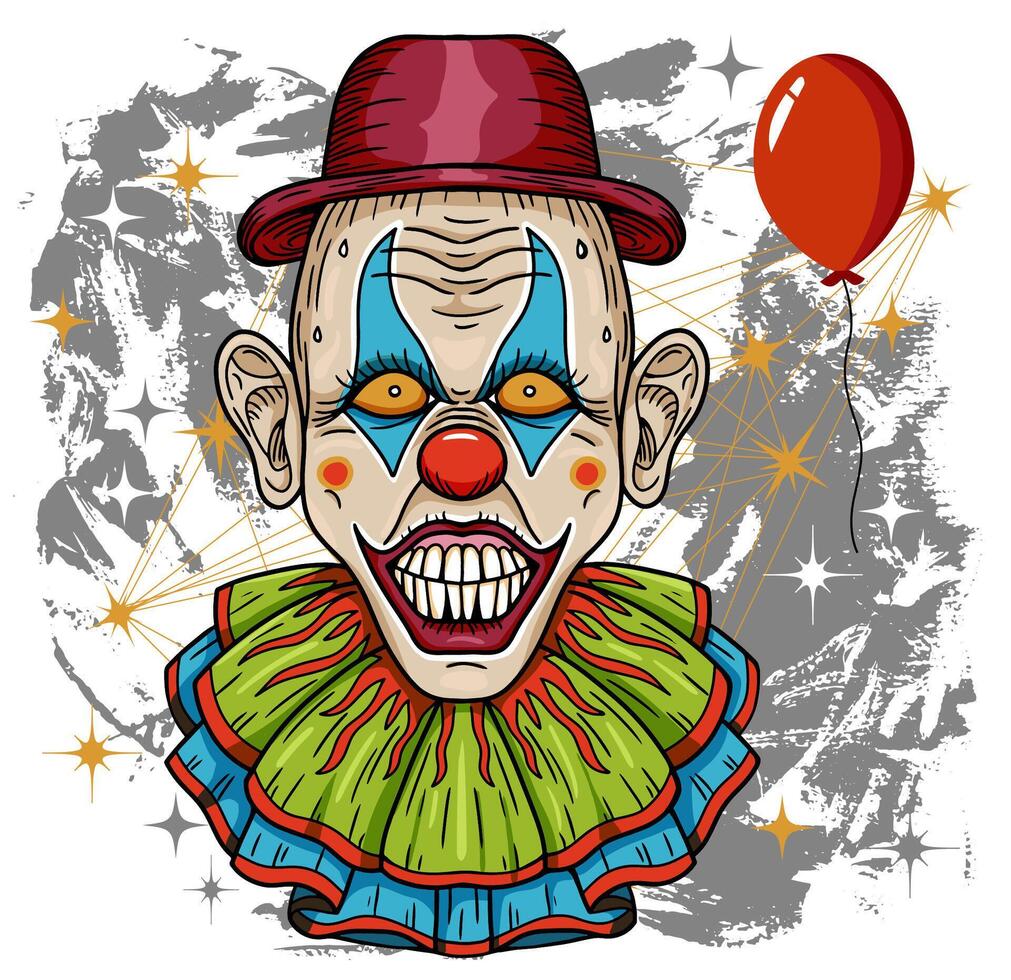 Hand drawn illustration with crazy clown with painted face, red lips, funny hat and red balloon for mascot, t-shirt, sticker, clipart against textured background. vector