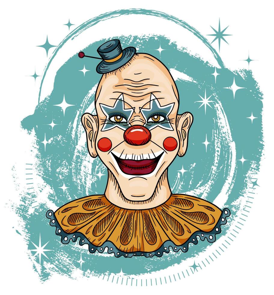 Hand drawn illustration with scary bald clown with painted face, red lips and funny hat for mascot, t-shirt, sticker, clipart against blue textured background. vector