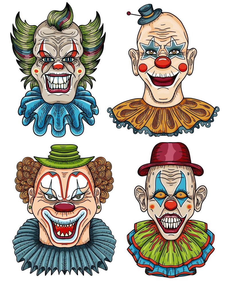 Hand drawn colorful design set of scary, crazy clowns with painted faces, red lips, funny hair for mascot, t-shirt, stickers, clipart isolated on white. Cartoon illustration vector