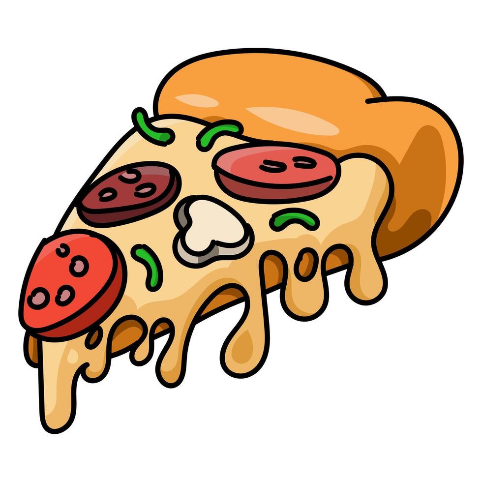 Cartoon Pizza slice. Pizza with sausage, mushrooms, tomatoes and cheese. illustration isolated on white background. vector