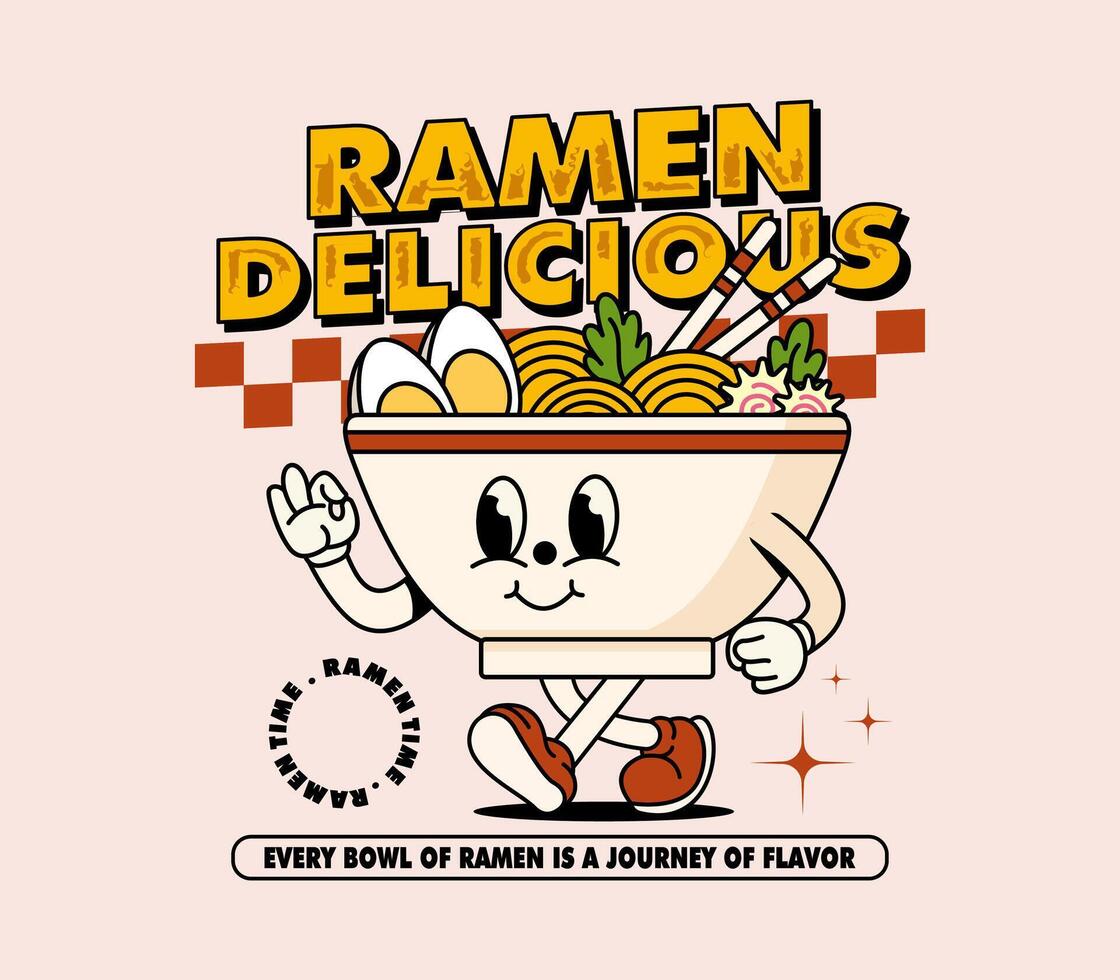 Vintage ramen delicious cartoon character, ideal for graphic tees, t-shirts, posters, stickers, merchandise, and more vector