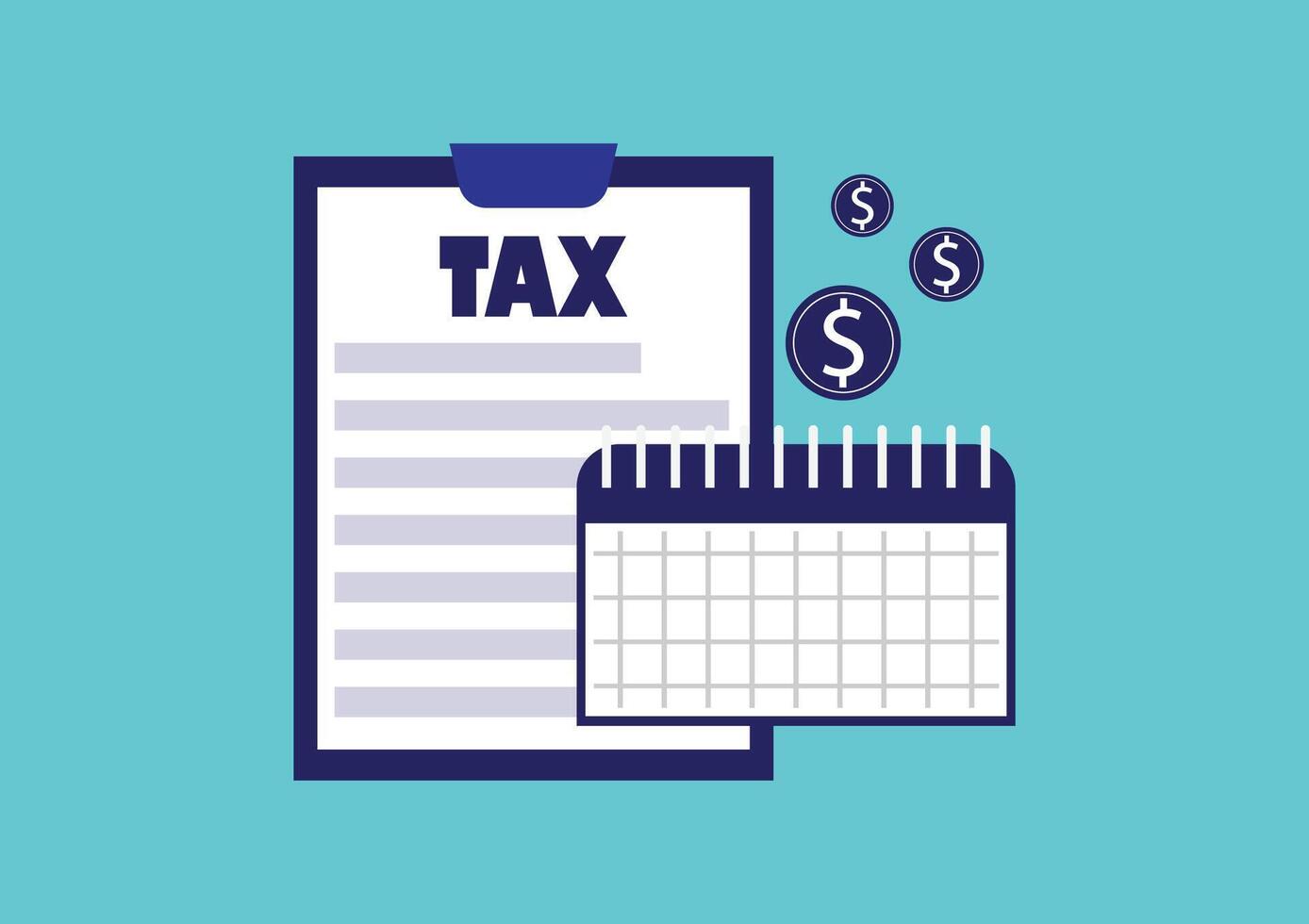 Business and financial concept. Tax form, calendar, and coin on a blue background. vector
