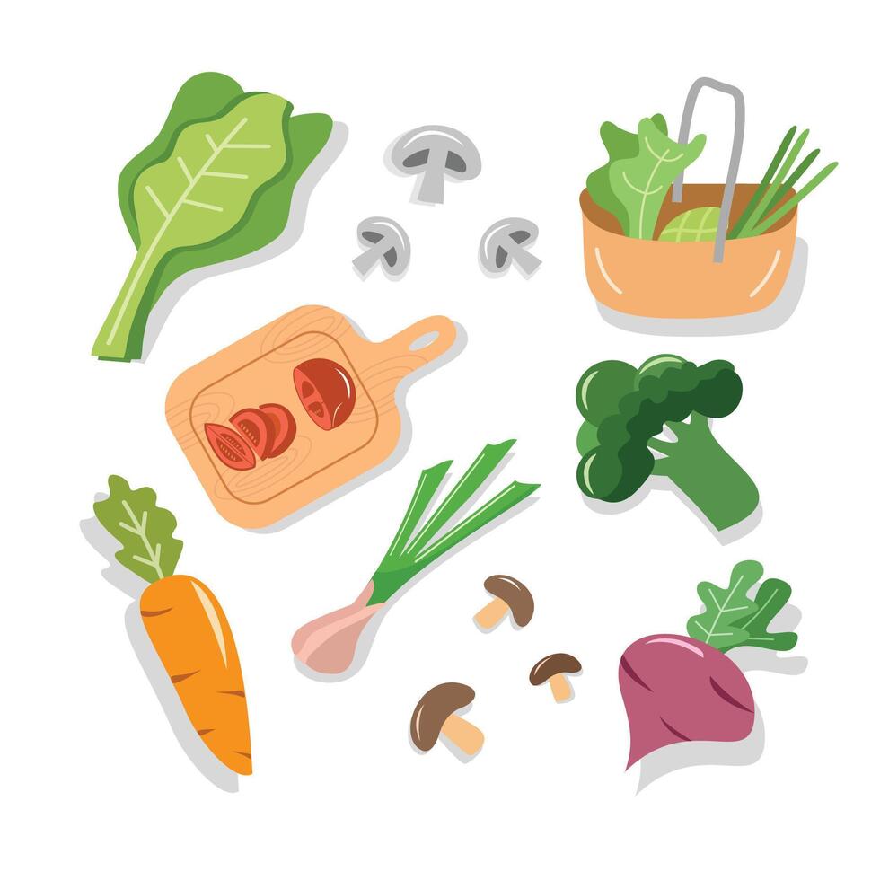 Vegetable illustration. Vegetable element such as carrot, leek, mushroom, mustard, broccoli, cassava, and tomato. Healthy food. Fresh vegetables. vector