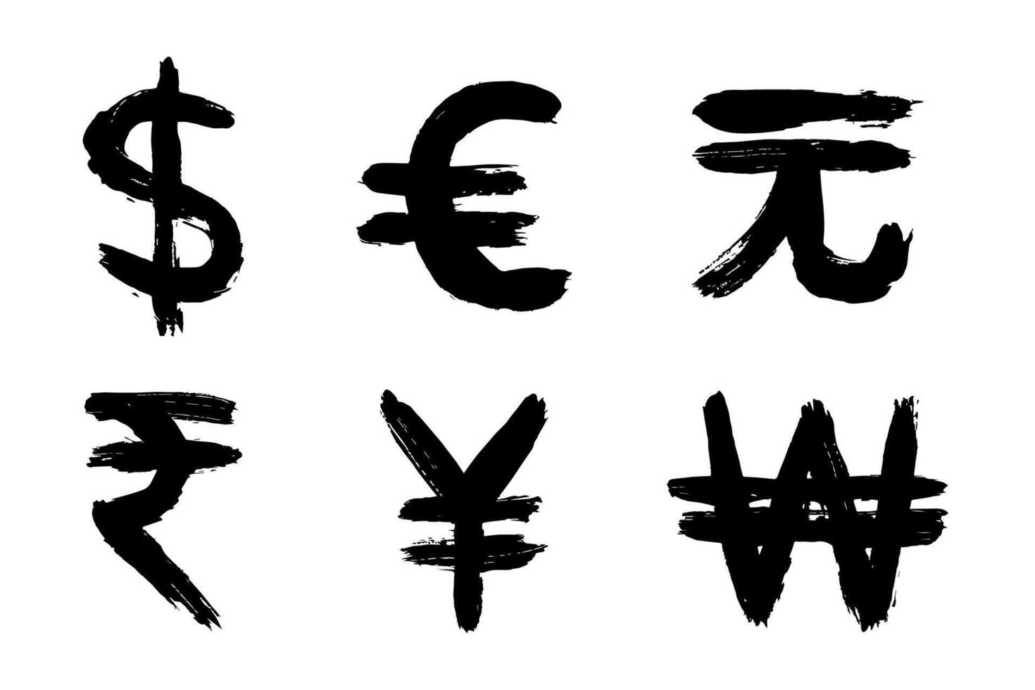 Hand drawn multiple currencies symbol set Dollar euro yuan yen won rupee vector