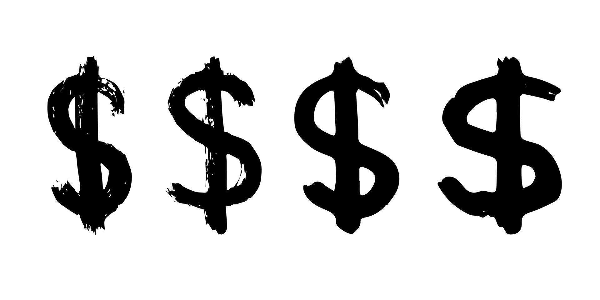 Hand drawn dollar currency symbol set Brush stroke doodle Single element for design vector