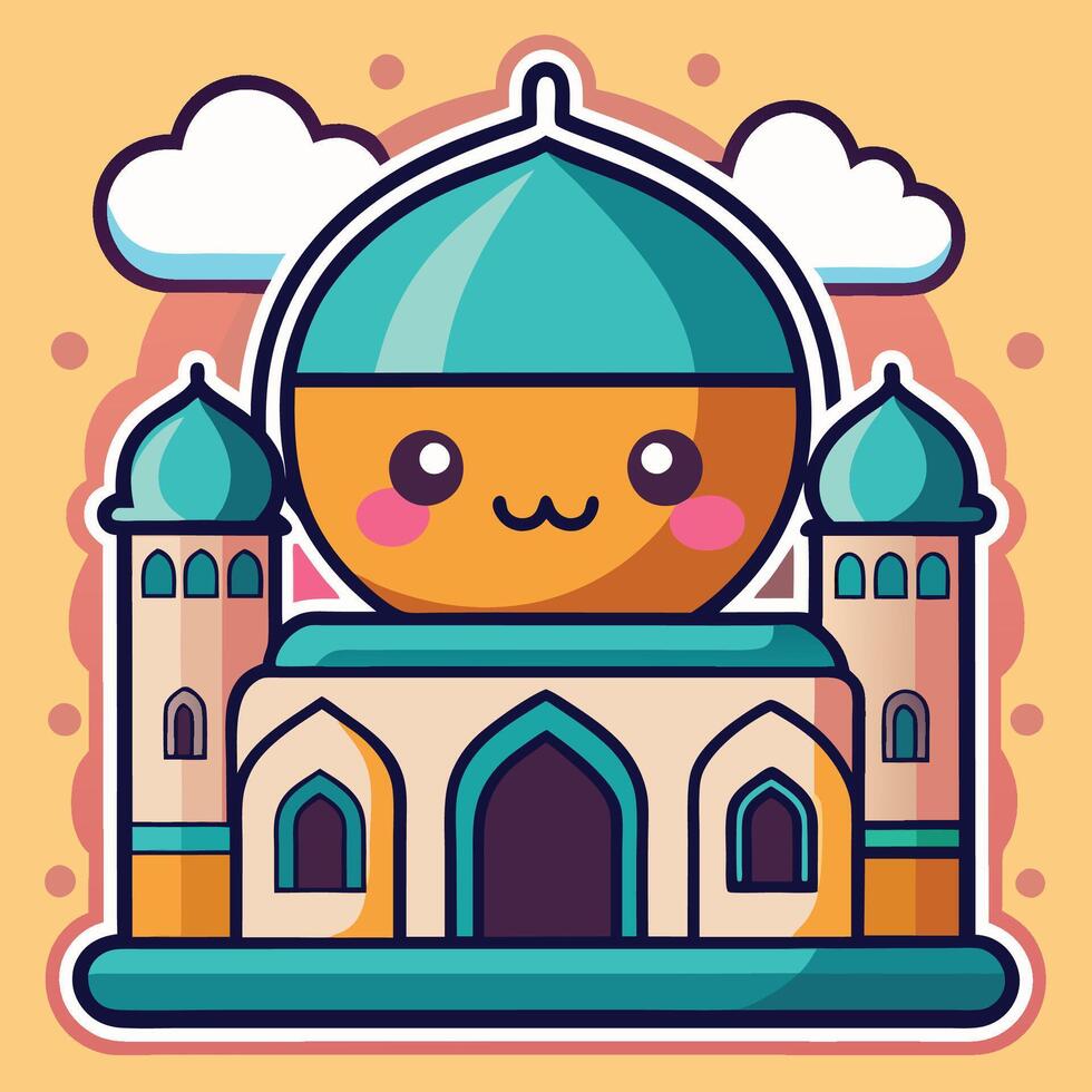 cartoon mosque with a blue dome and clouds vector