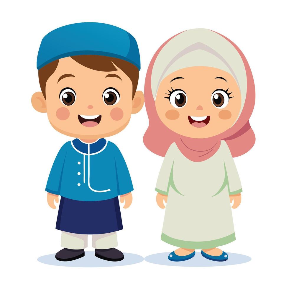 muslim boy and girl in traditional clothes vector