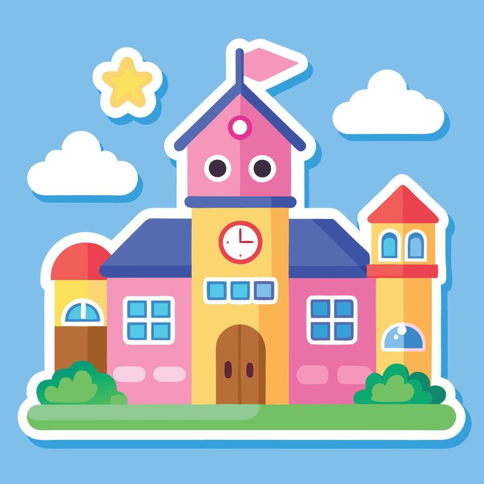 a cartoon house with a clock tower and clouds vector