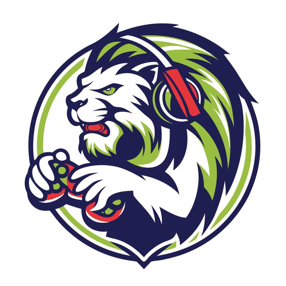 lion mascot mascot with headphones holding a controller vector