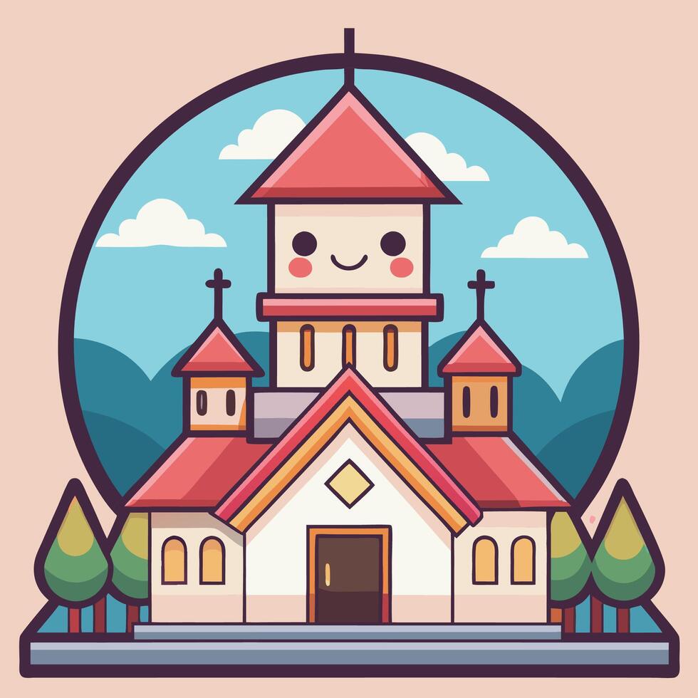 a cartoon church with a smiling face vector