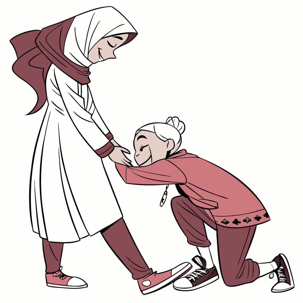 a cartoon drawing of a woman helping another woman vector