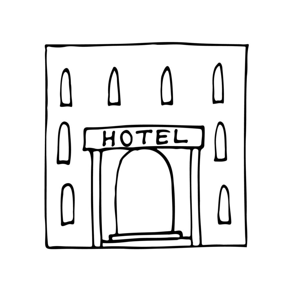 square two-story building with a hotel sign - a linear drawing vector