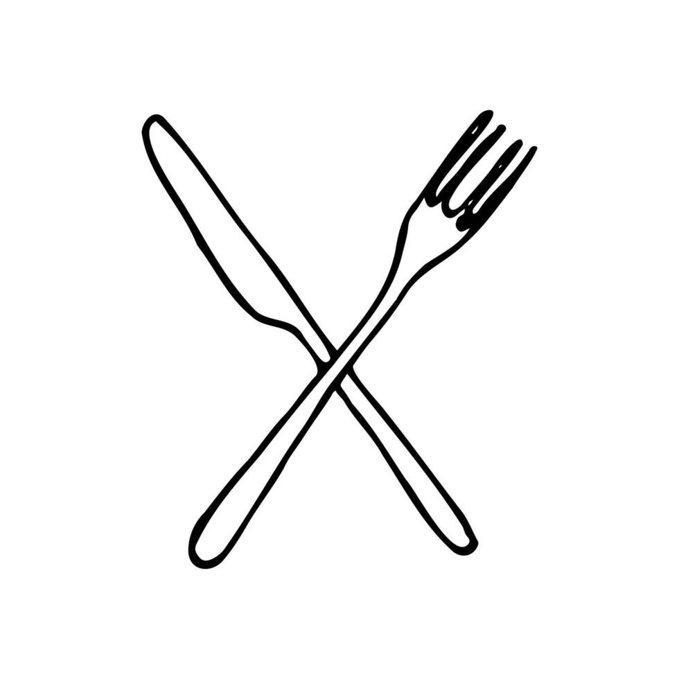 crossed fork and table knife - a linear drawing vector