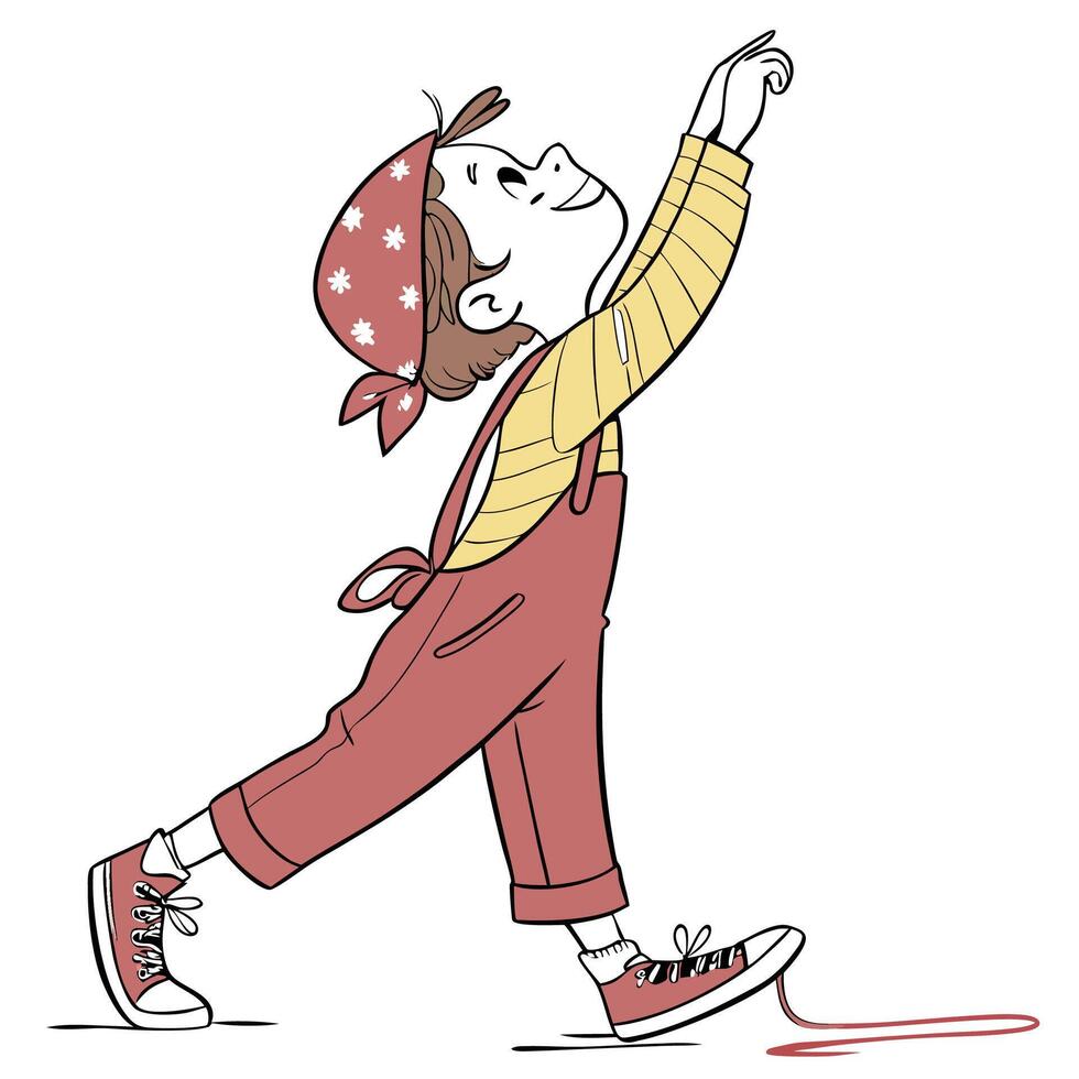a cartoon boy with a red bandana and red overalls is reaching for something vector