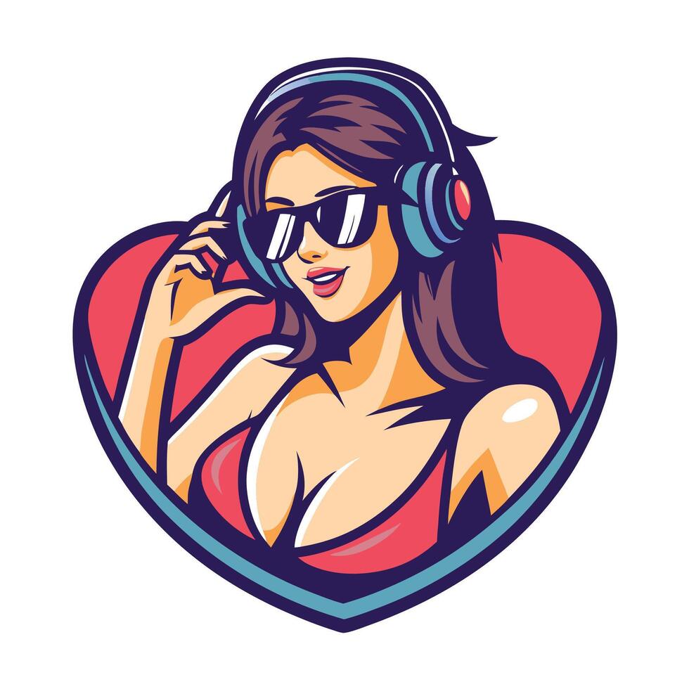 a woman wearing headphones and sunglasses in the shape of a heart vector