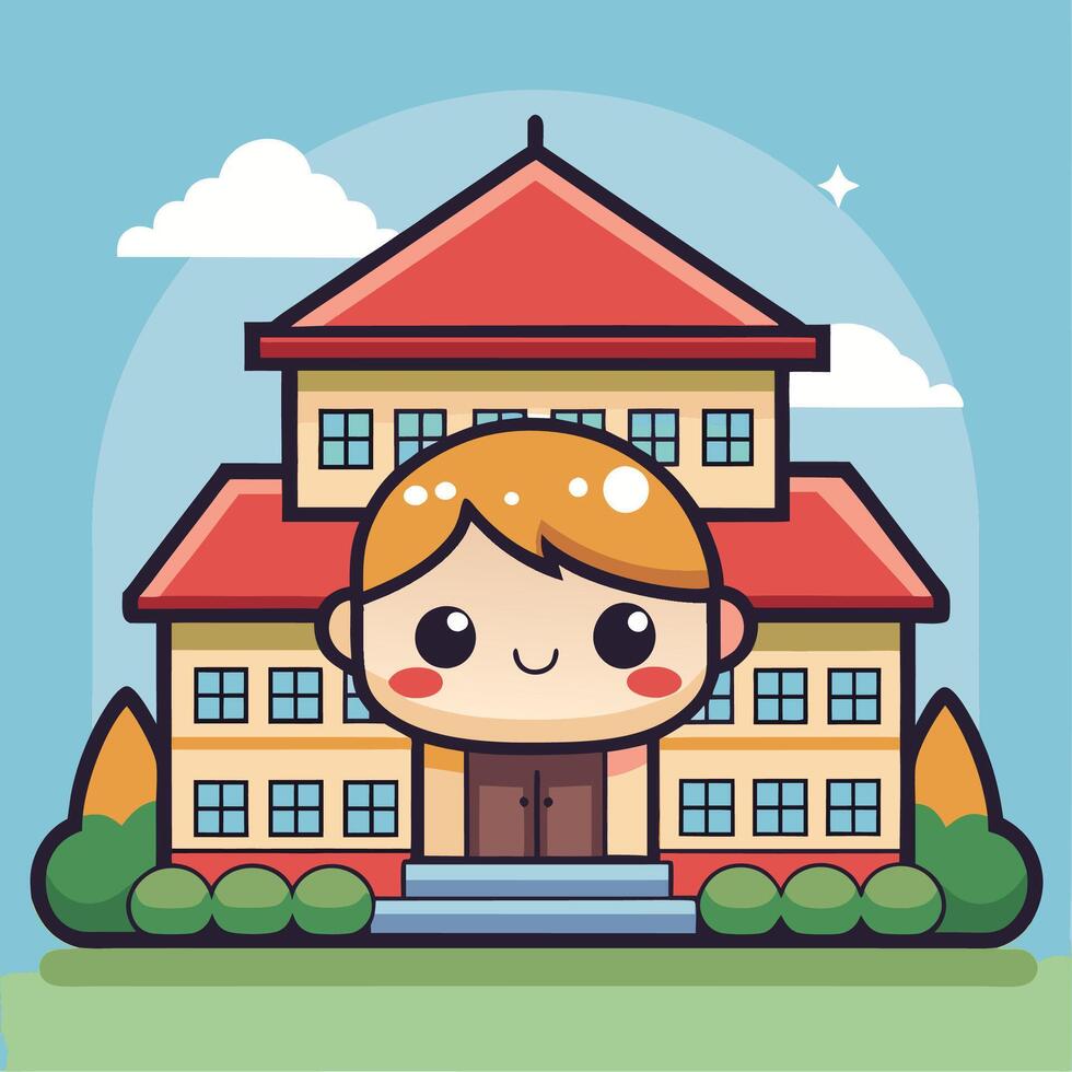 a cartoon boy is standing in front of a school building vector