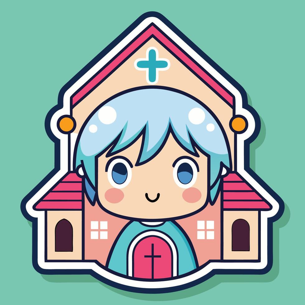 a sticker of a boy in front of a church vector