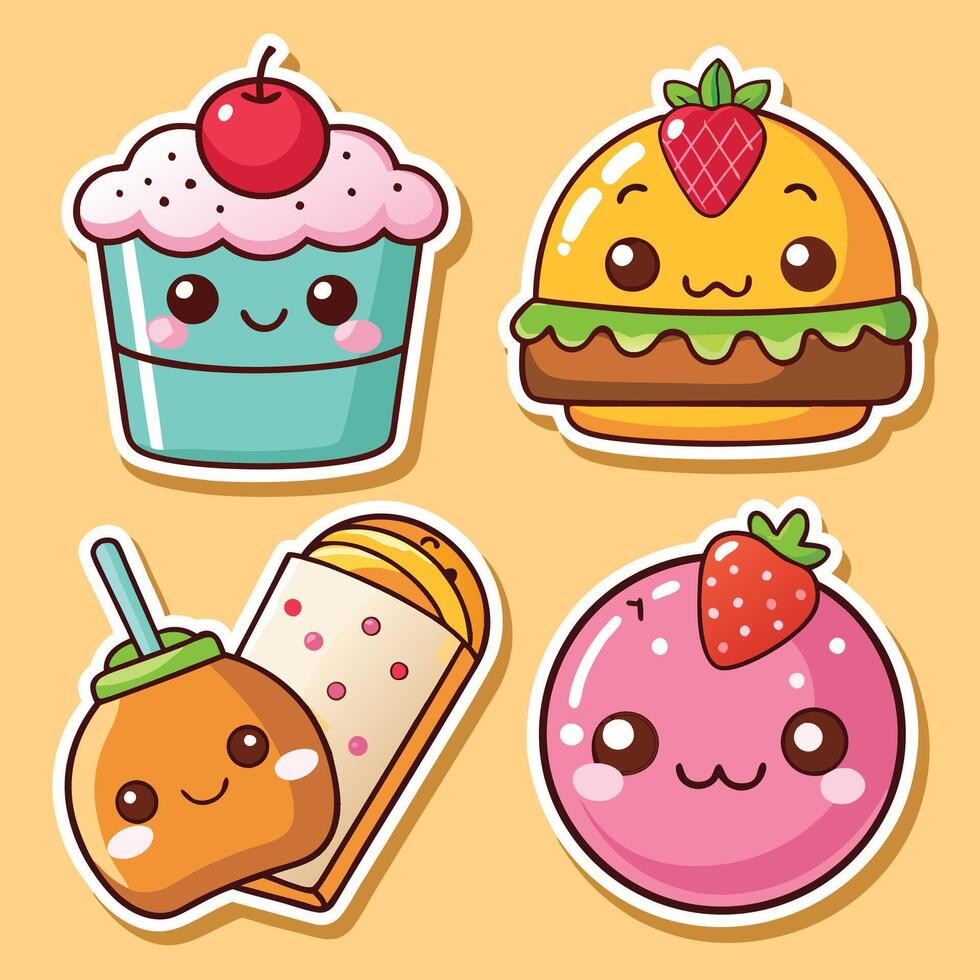 cute hamburger, strawberry, cupcake, and donut stickers vector