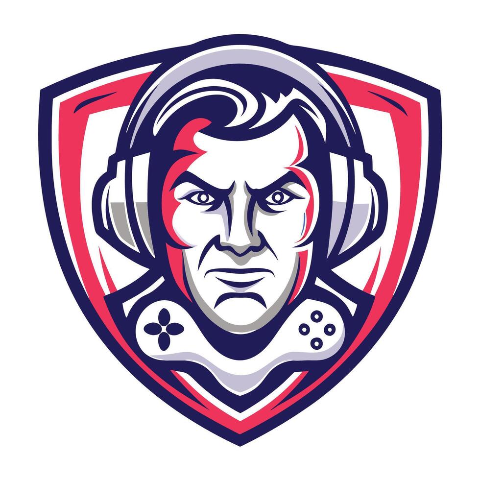 mascot icon of a gamer with headphones on his head looking at the camera set inside a vector