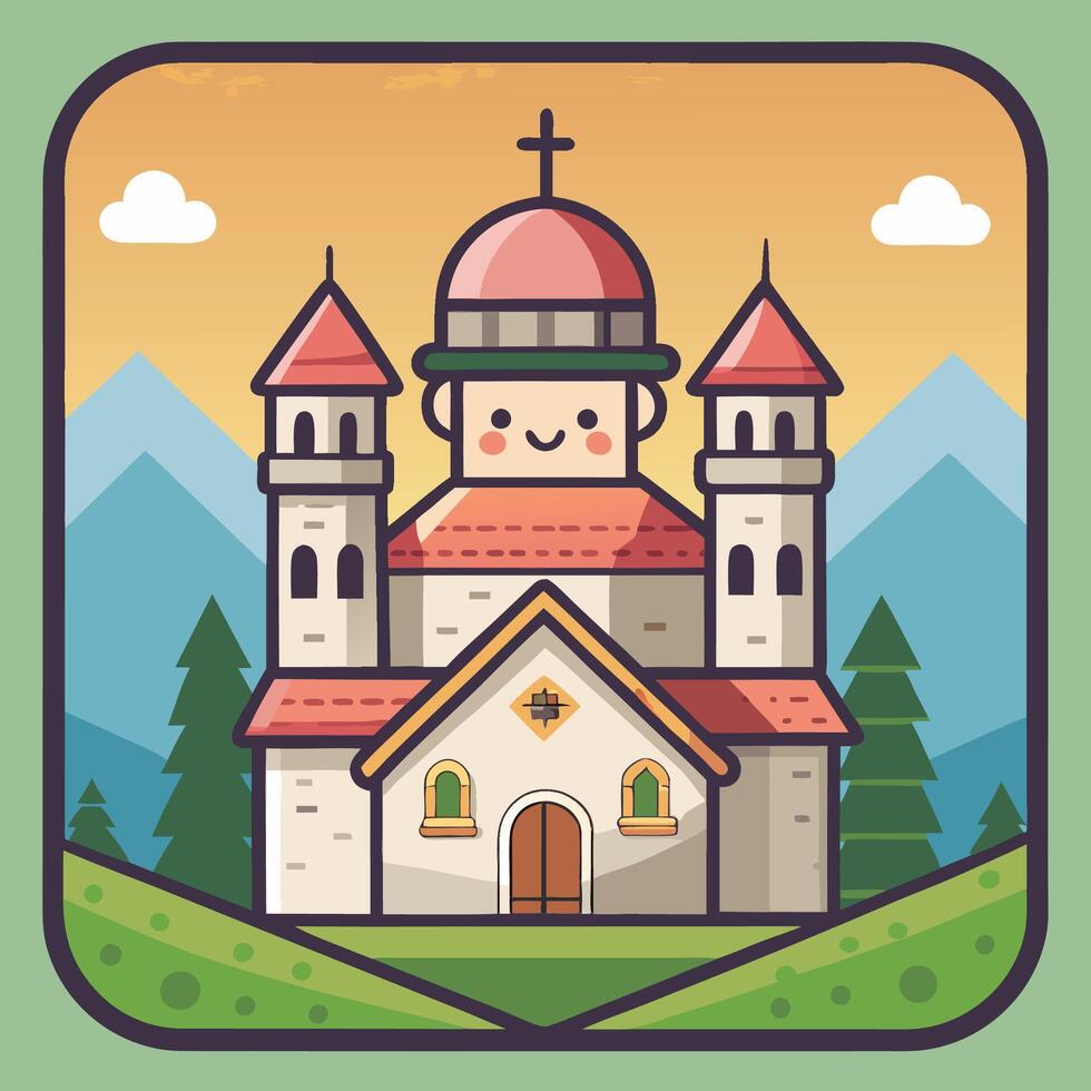 a cartoon church with a mountain in the background vector